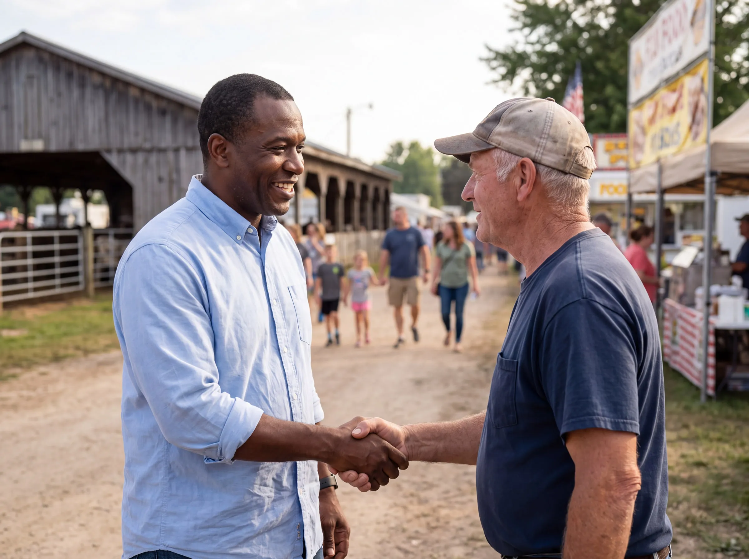A local candidate shaking hands with a farmer at a county fair