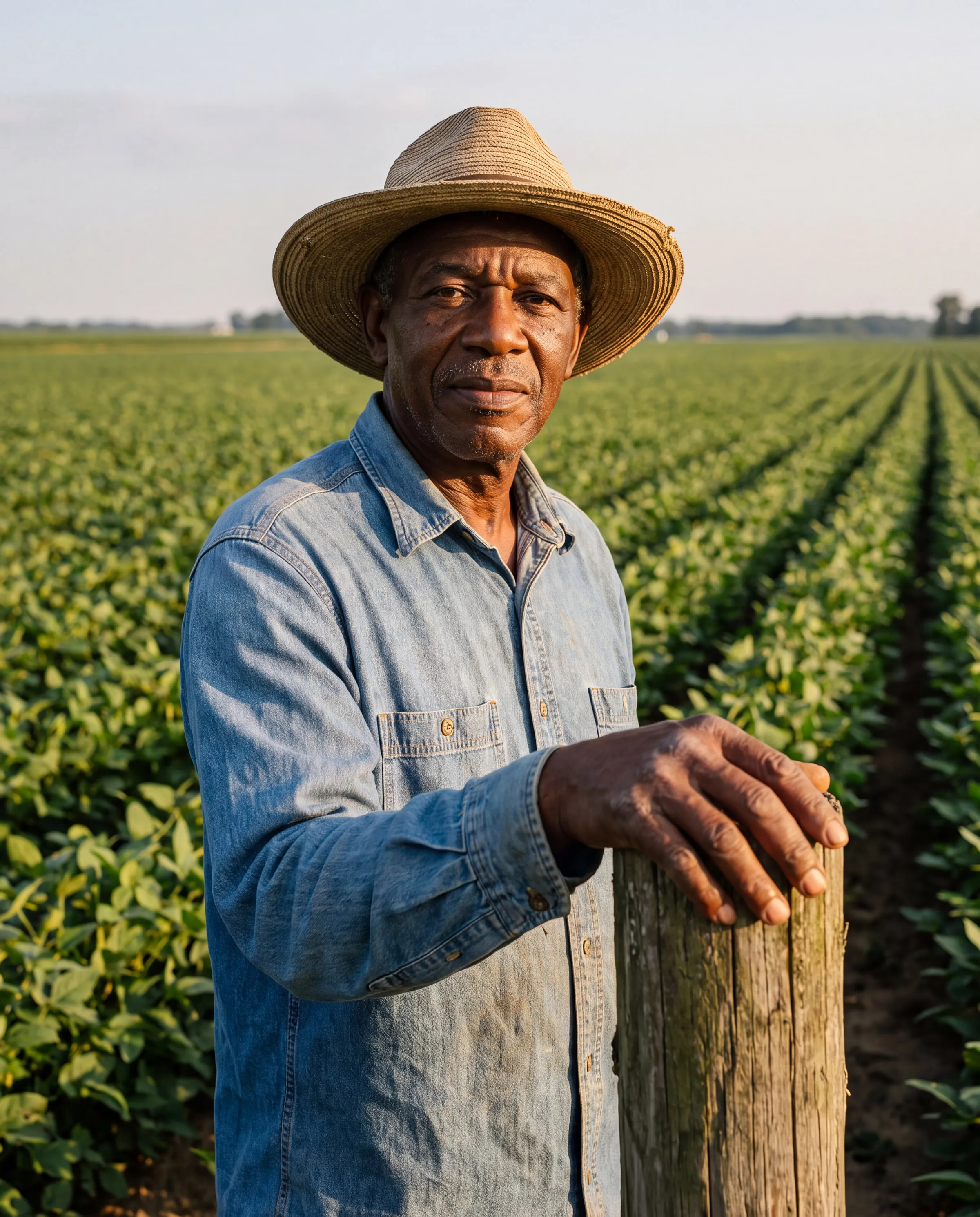 A farmer in a straw hat resting his hand on a fence post at the edge of his soybean field