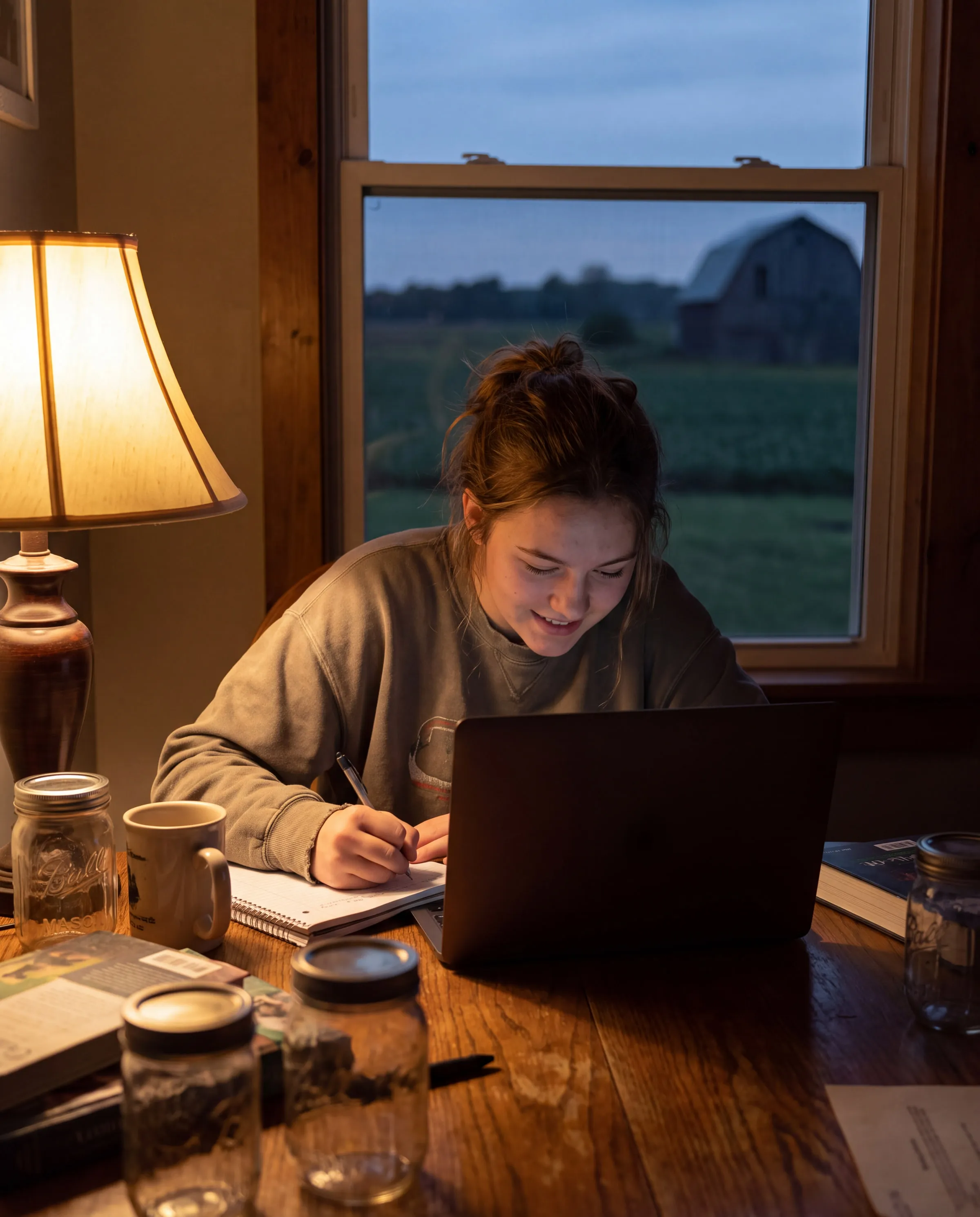 A teenager doing homework on a laptop at a farmhouse kitchen table