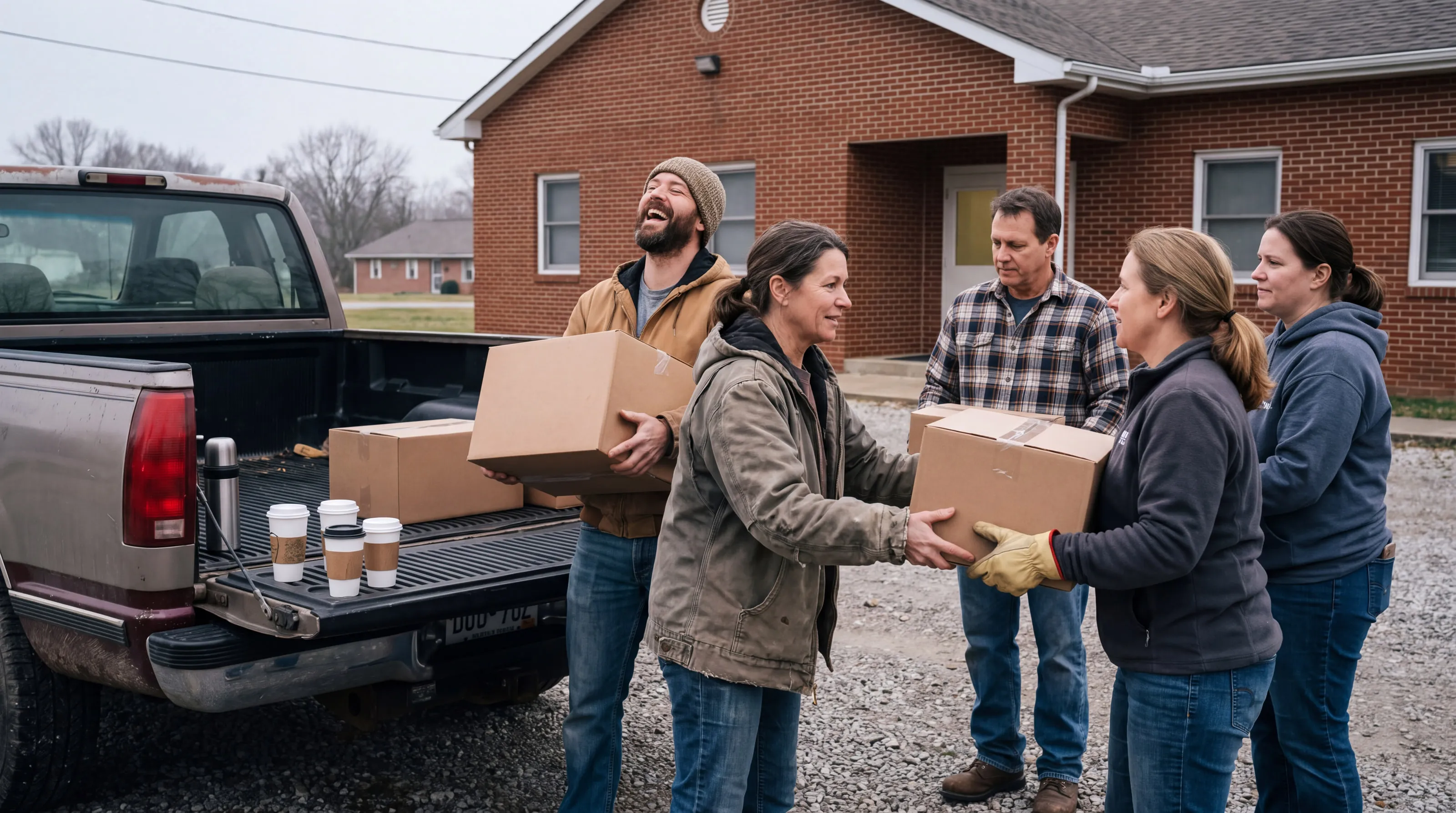 Volunteers unloading boxes from a pickup truck outside a small-town community center