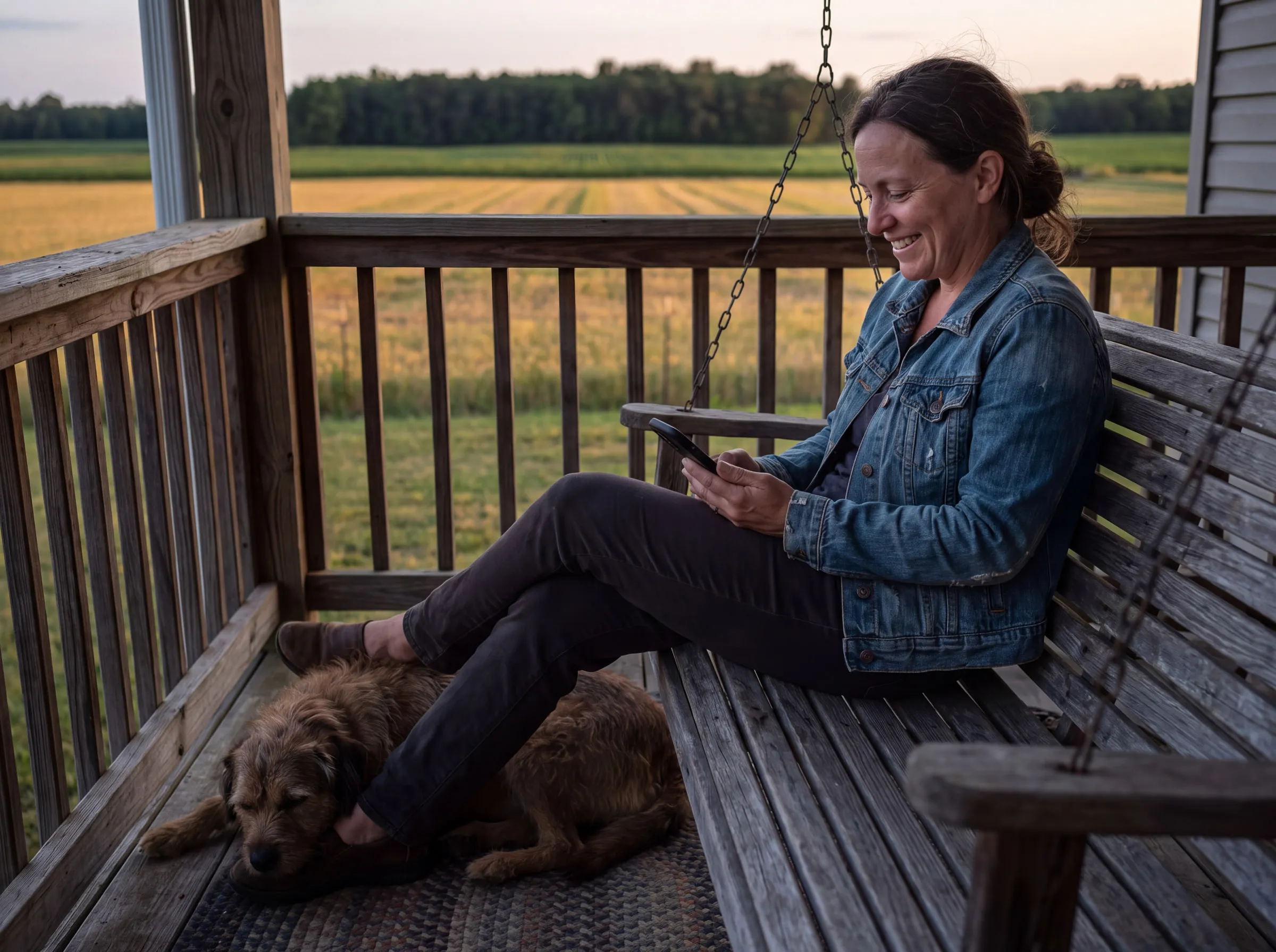 A woman reading her phone on a porch swing at sunset with her dog at her feet
