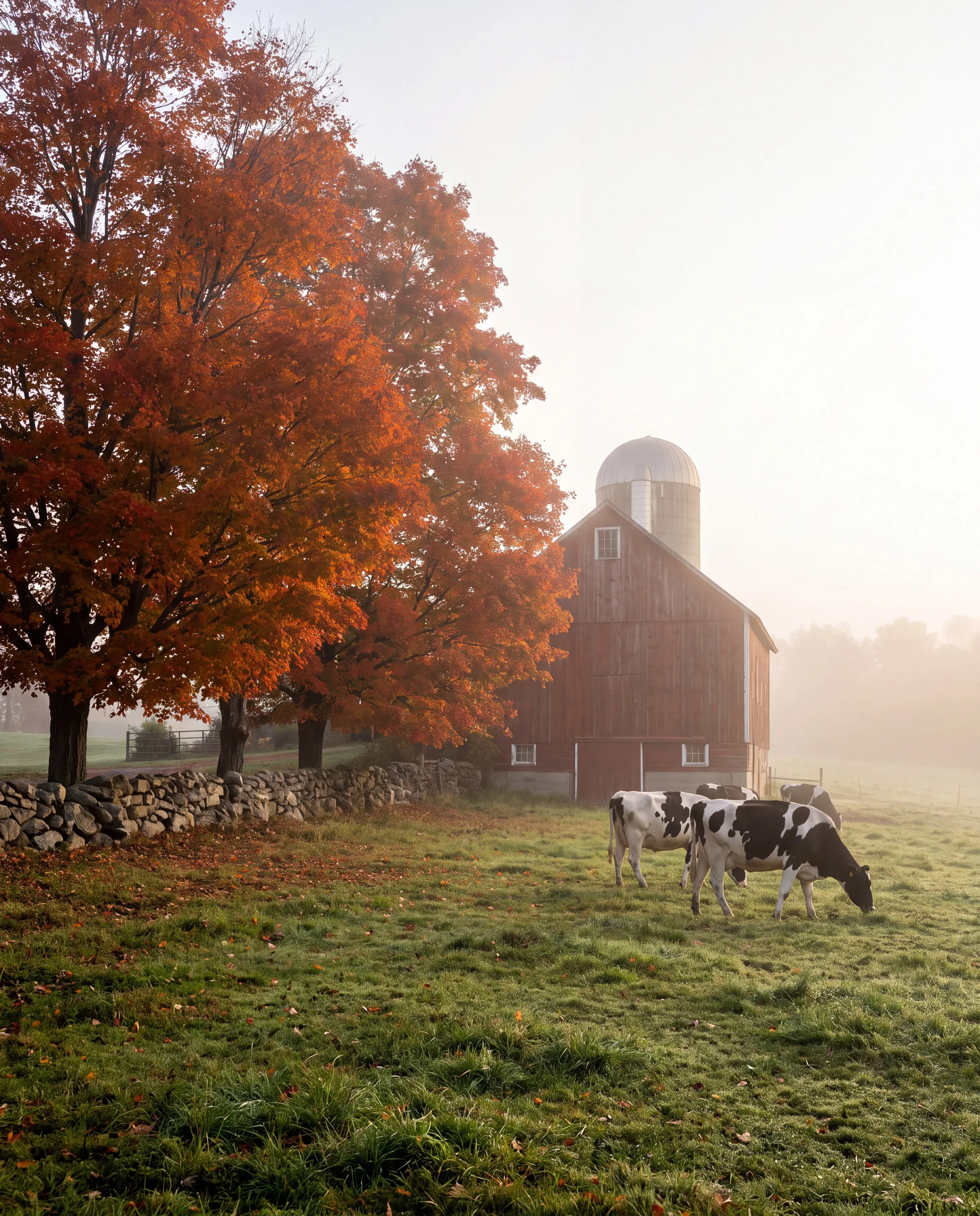 Holstein cows grazing beside a red barn and silo among autumn maples