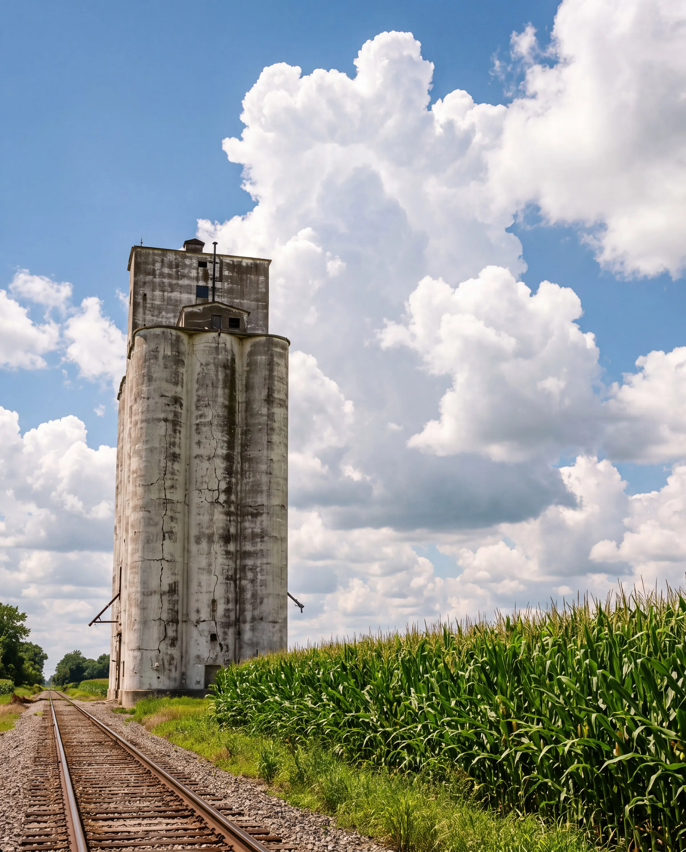 A grain elevator beside a railroad and cornfield under a summer sky