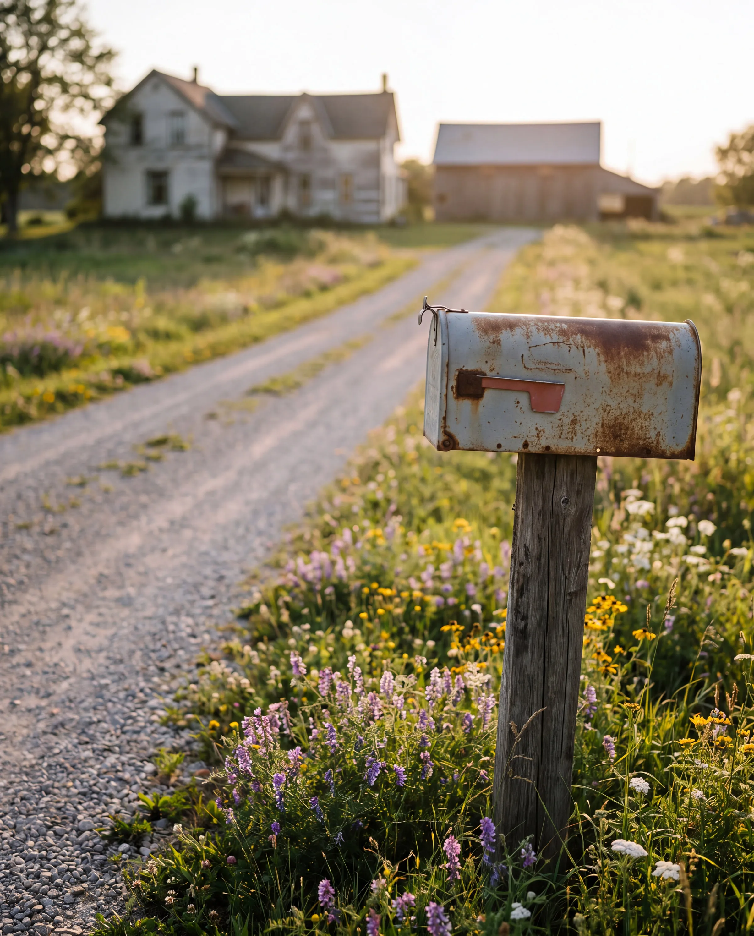 A rural mailbox at the end of a gravel driveway lined with wildflowers