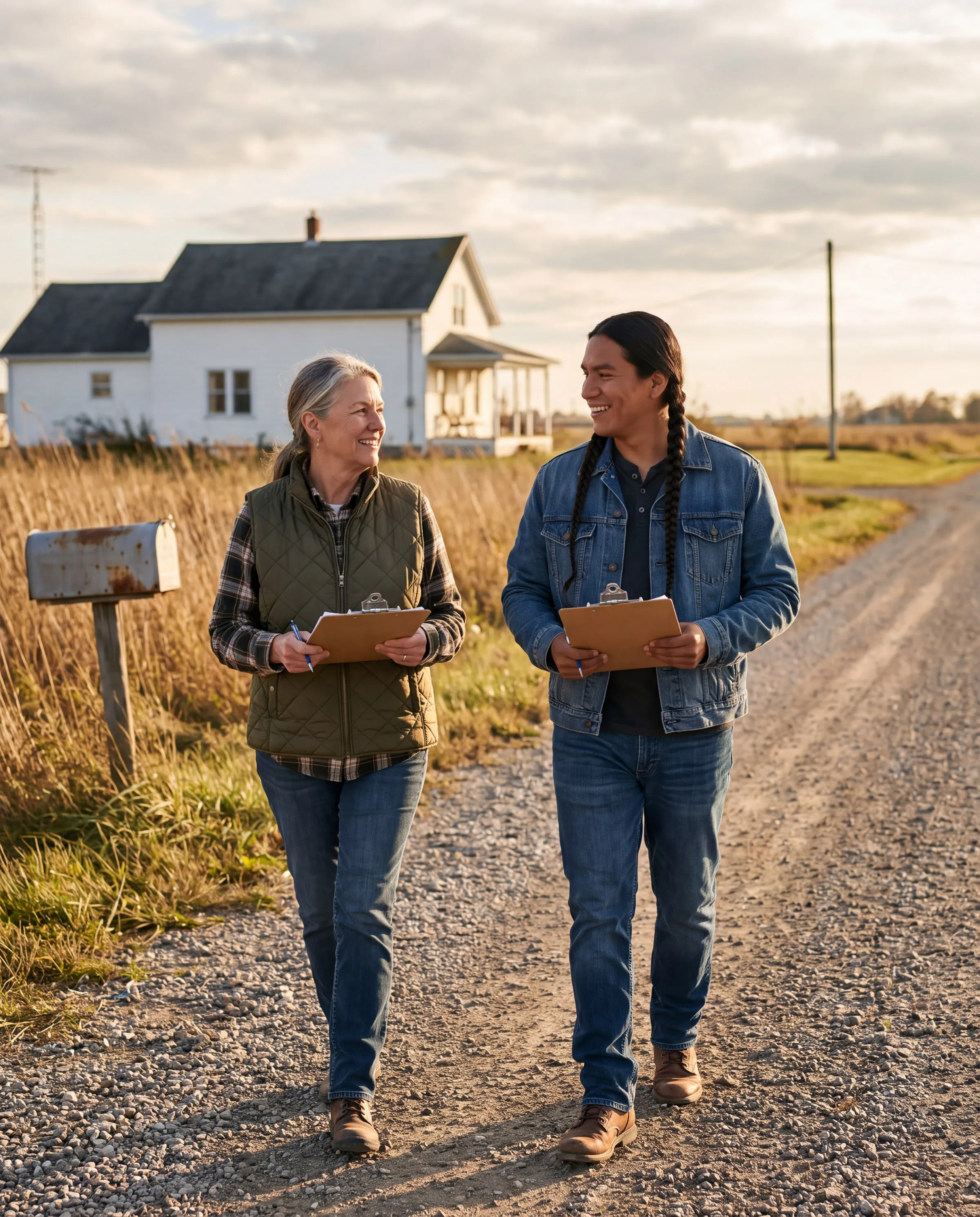 Two volunteers with clipboards walking together down a gravel country road